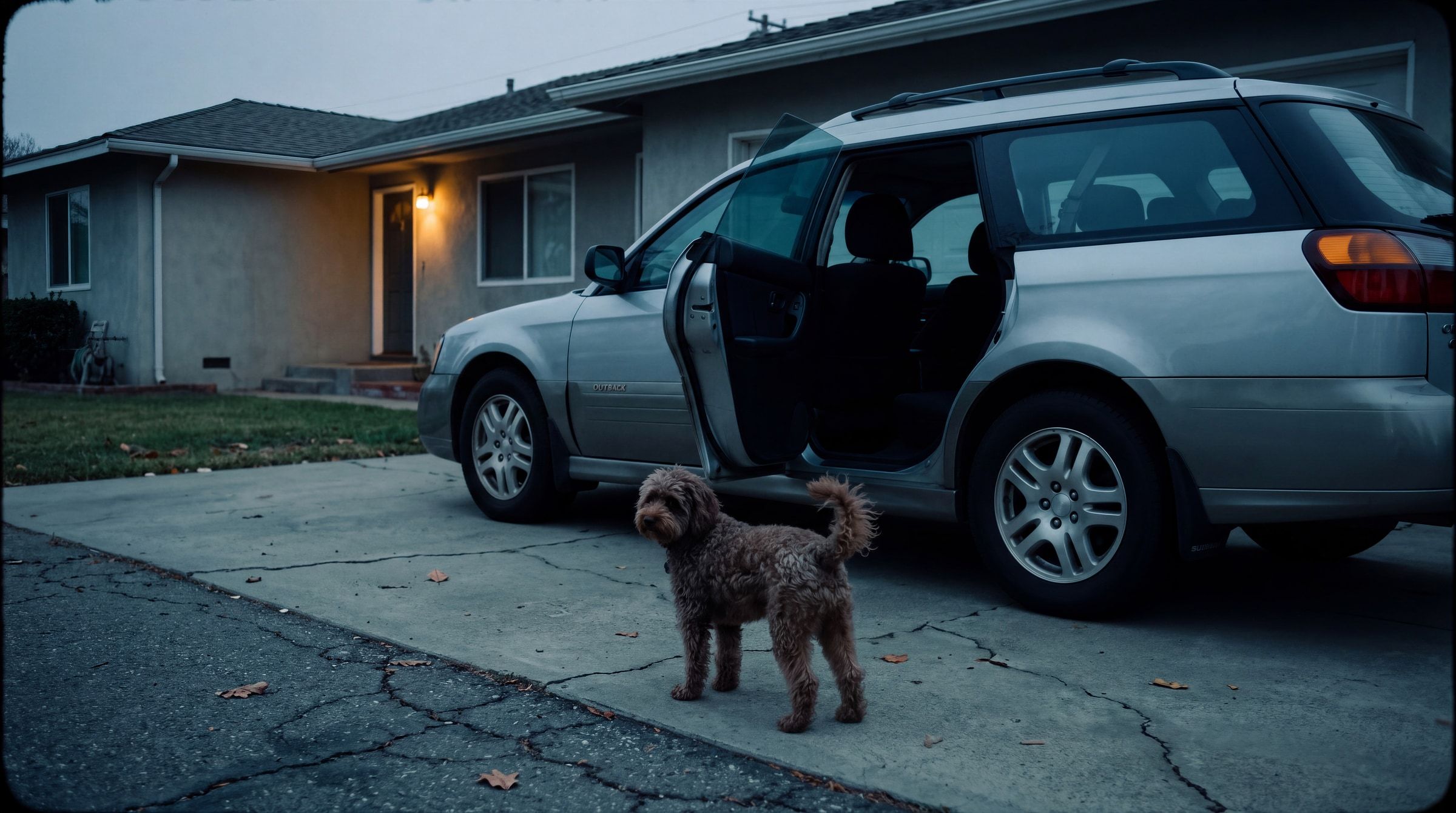 A curly-coated brown dog standing on a driveway at dawn beside an estate car with its rear door open, a house behind it.