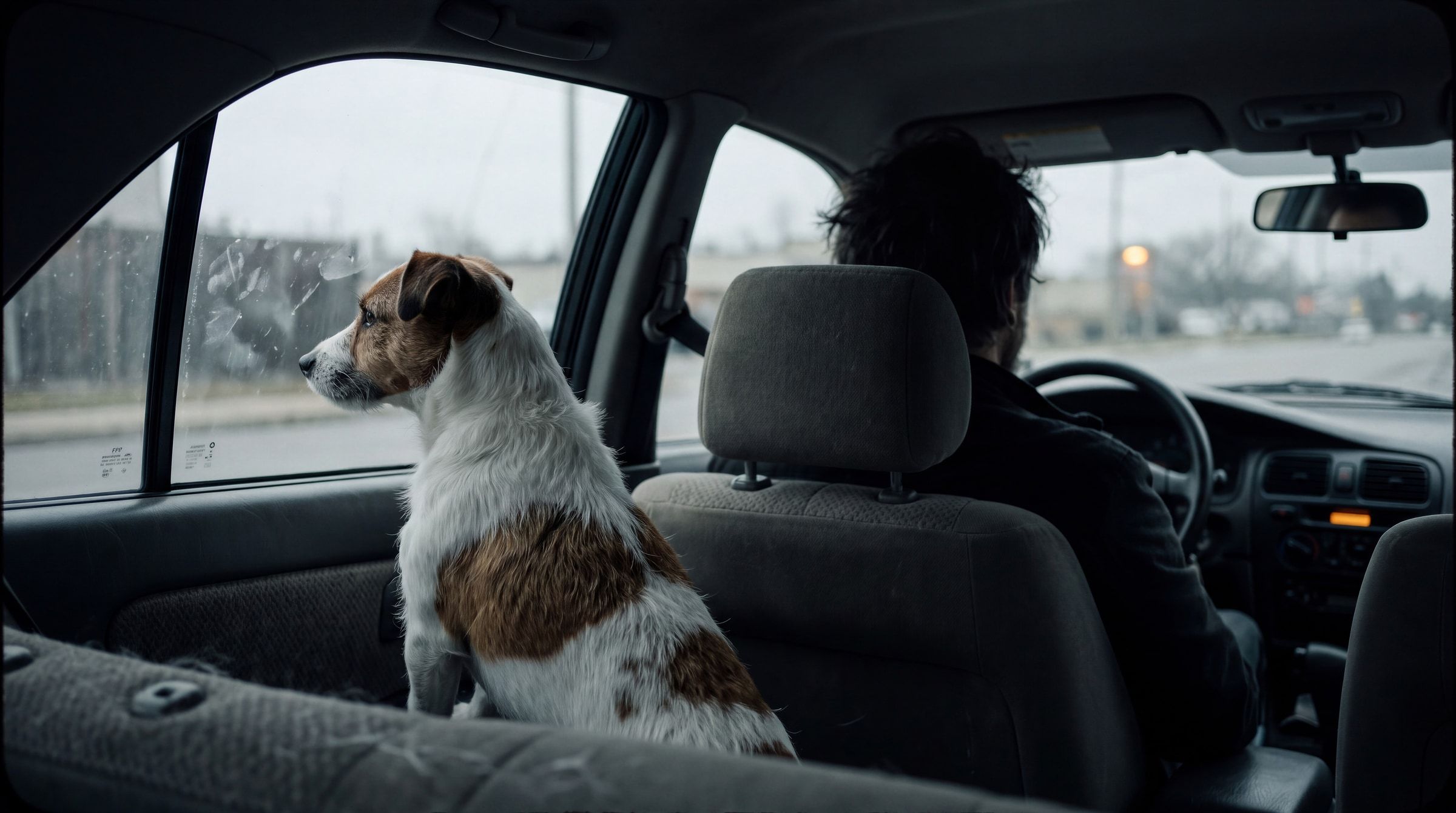 A Jack Russell terrier sitting on a car rear bench looking out of the side window, with the driver in the seat ahead.