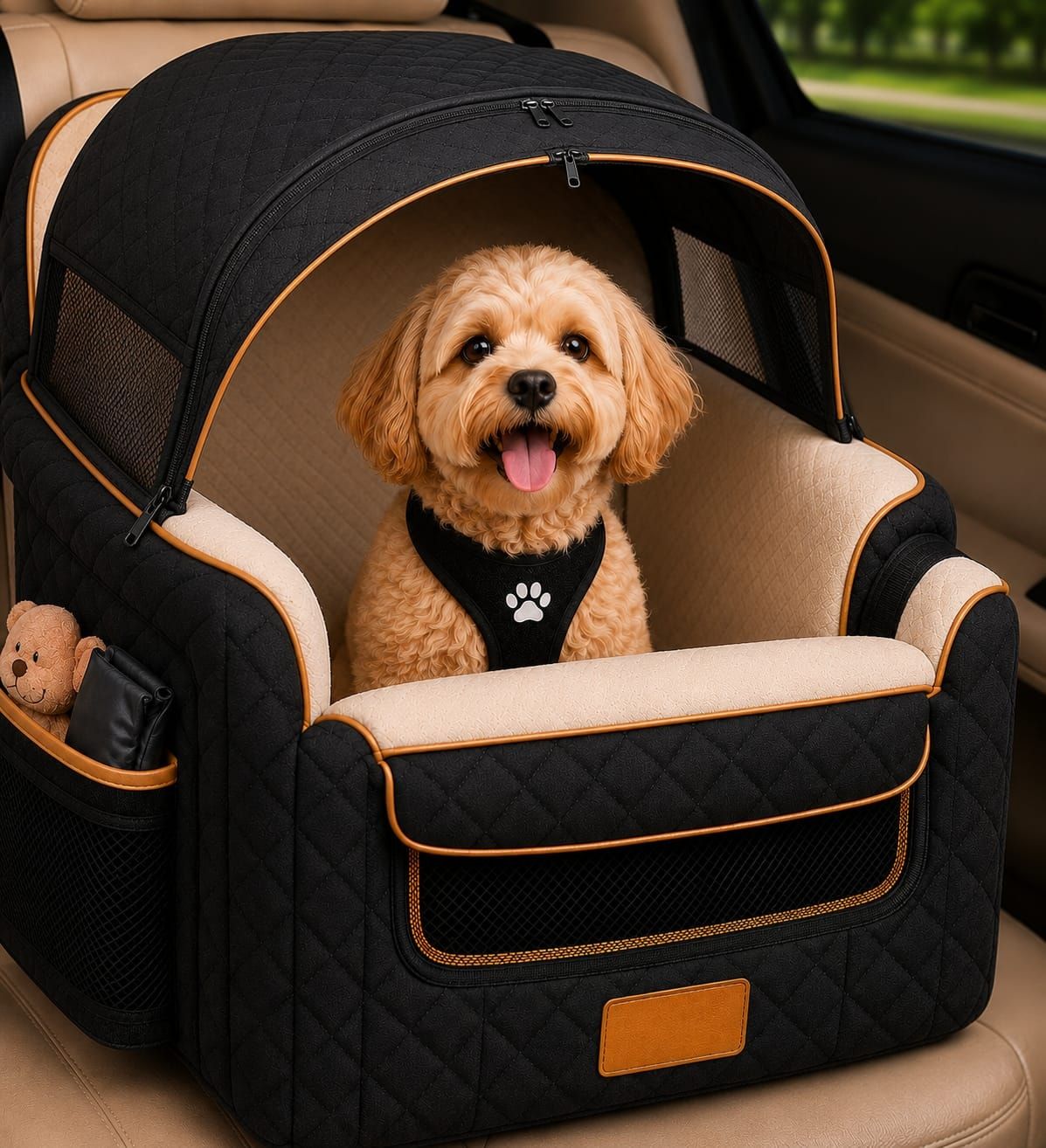 The same seat with its domed canopy zipped on: an arched opening bound in amber piping, a mesh window in each side panel, two zip runs meeting at the crown with their pulls visible, and the dog looking out through the opening.