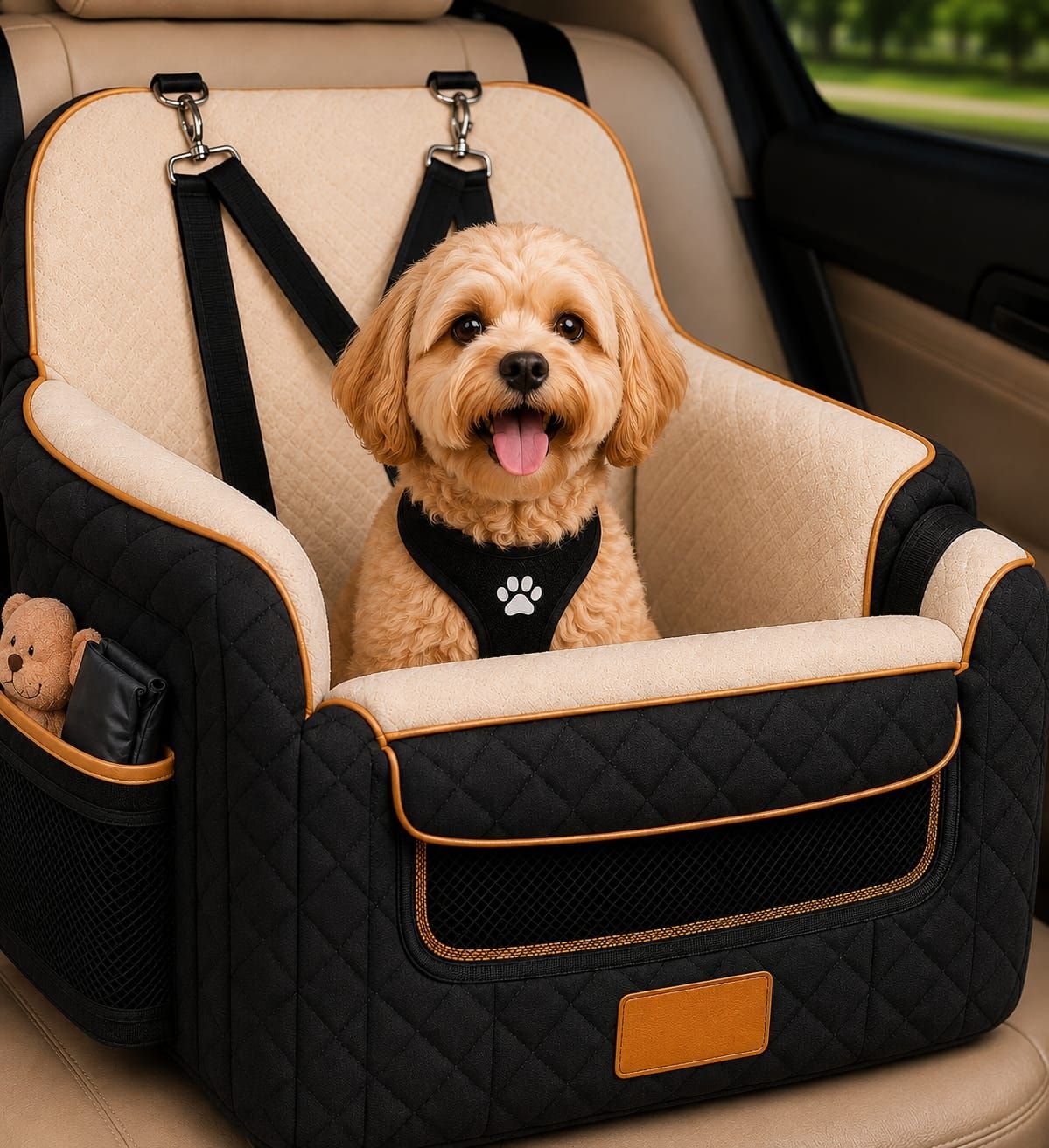 The black Gemnye seat on a car's tan leather rear bench with the canopy off, two webbing straps clipped over the seat back, a small apricot dog sitting inside it wearing its own harness, and a soft toy in the side mesh pocket.